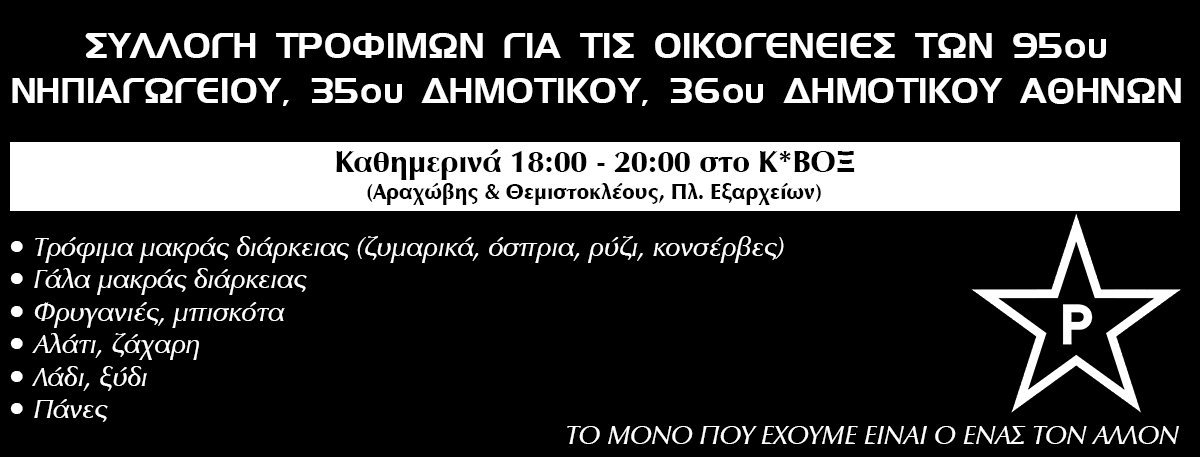 Ρουβίκωνας: Συλλογή τροφίμων για τις οικογένειες των 95ου Νηπιαγωγείου, 35ου Δημοτικού, 36oυ Δημοτικού Αθηνών