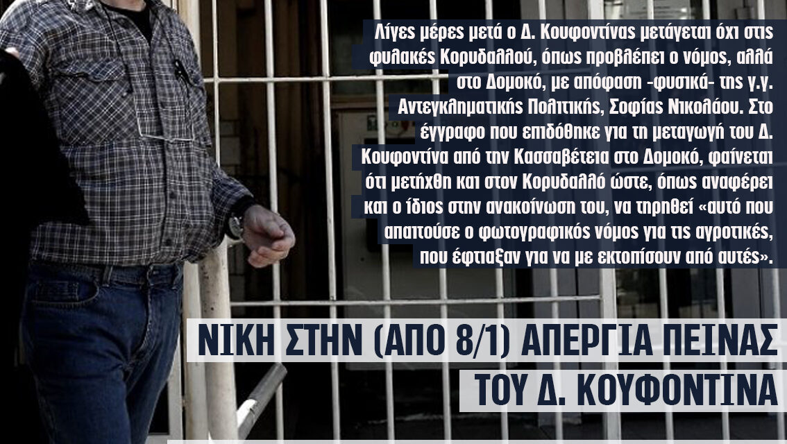 Νίκη στην απεργία πείνας (από 8/1) του επαναστάτη Δ. Κουφοντίνα